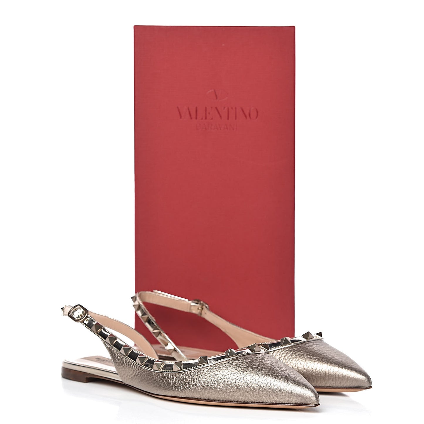 Metallic Pebbled Calfskin Patent Rockstud Slingback Flats 38 Skin
