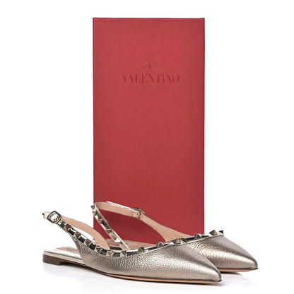 Valentino Garavani Metallic Pebbled Calfskin Patent Rockstud Slingback Flats 38 Skin 11 of 11