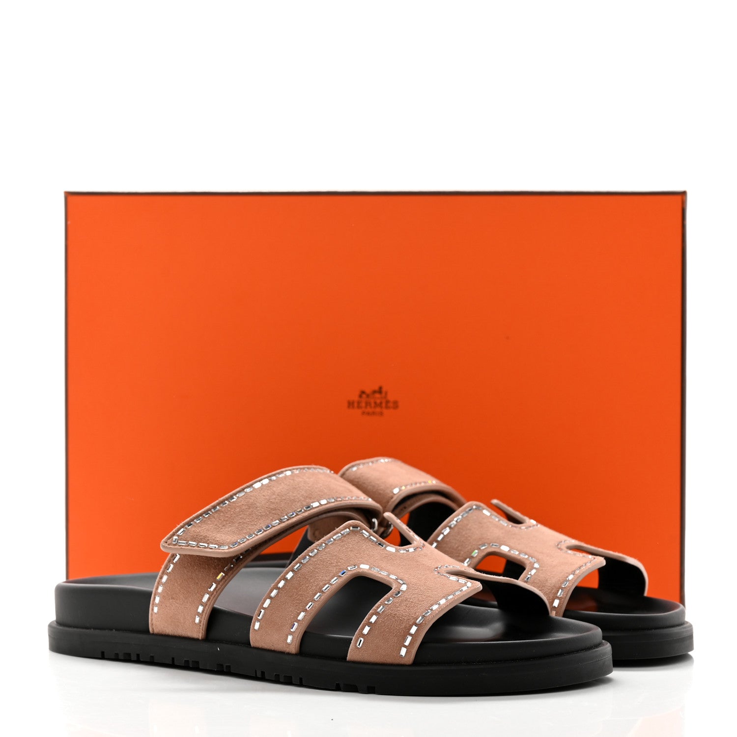 Hermes Suede Goatskin Crystal Embellished Womens Chypre Sandals 38 Rose Perle 9 of 9
