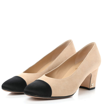 Chanel Suede Satin Cap Toe Low Heel Pumps 38.5 Beige Black 3 of 8