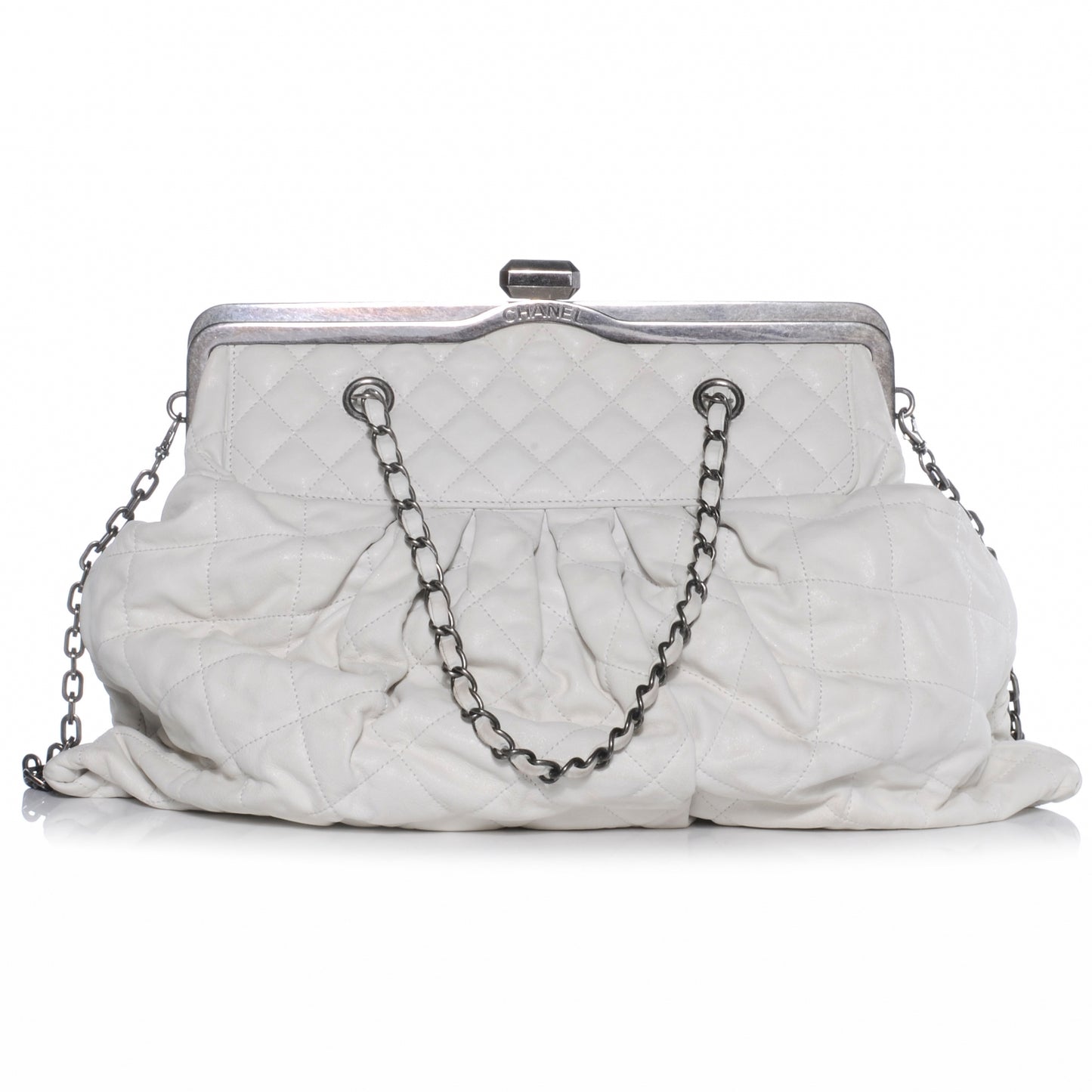 Iridescent Calfskin Chic Quilt Frame Tote White