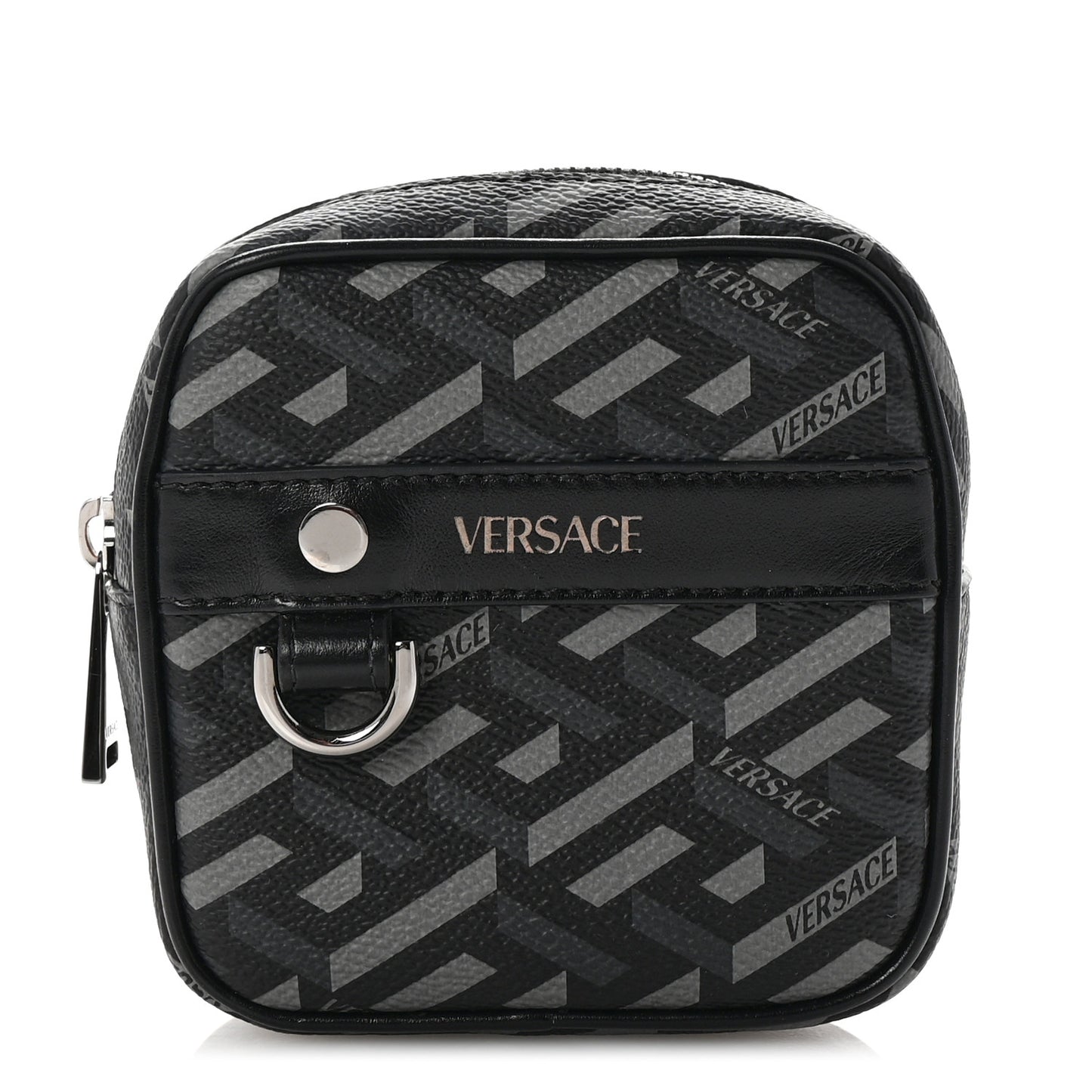 Coated Canvas Calfskin La Greca Square Zip Pouch Black Gray