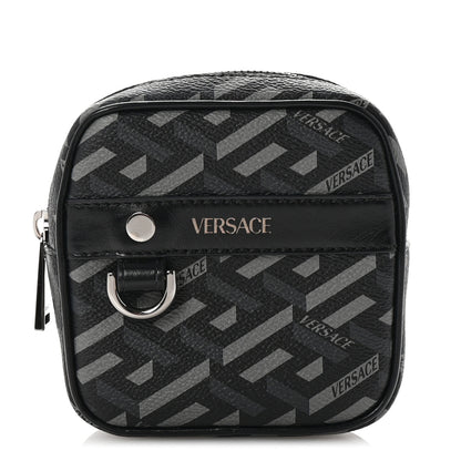 Versace Coated Canvas Calfskin La Greca Square Zip Pouch Black Gray 1 of 6