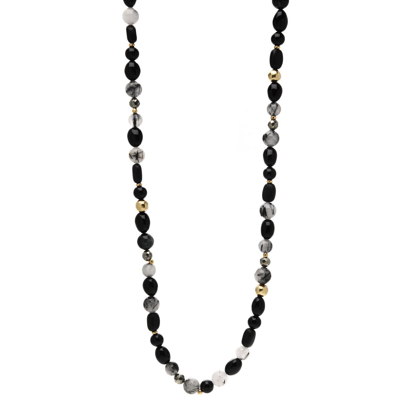 18K Yellow Gold Quartz Black Onyx Pyrite Signature Bead Toggle Necklace