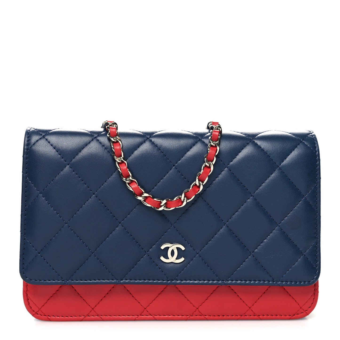 Lambskin Quilted Tri-Color Wallet On Chain WOC Red Blue