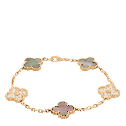 Van Cleef & Arpels 18K Rose Gold Diamond Gray Mother of Pearl 5 Motifs Vintage Alhambra Bracelet 1 of 4