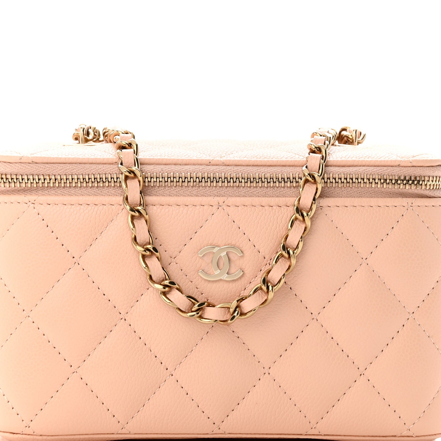 Caviar Quilted Small Vanity Case With Chain Light Beige