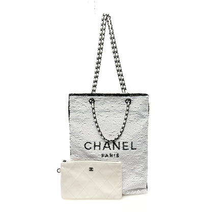 Chanel Sequin Logo Shopping Tote White Black 3 of 11