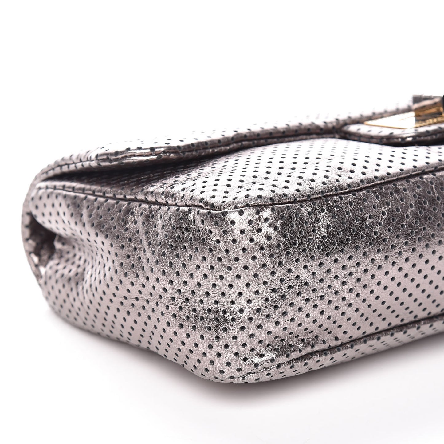 Metallic Crackled Calfskin Perforated Drill Flap Silver