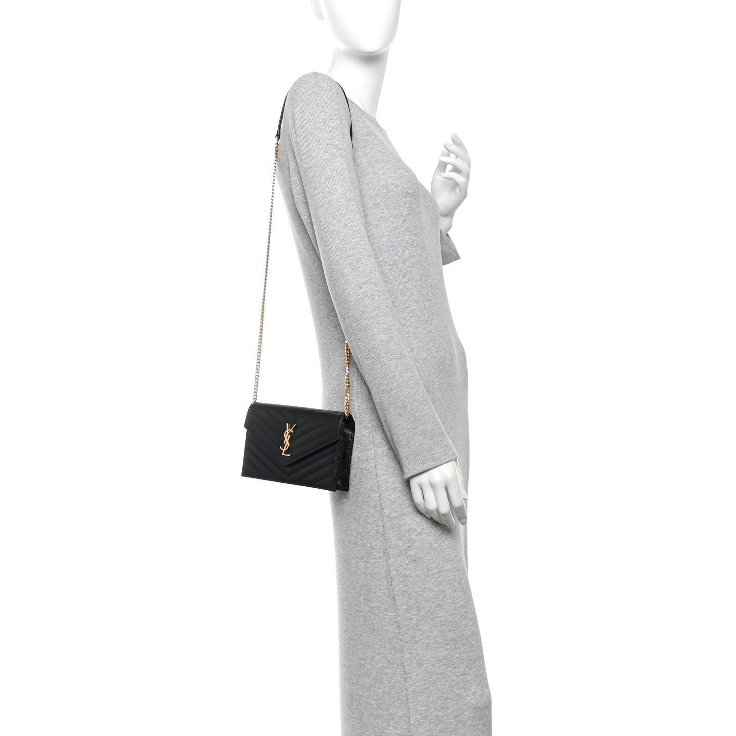 Saint Laurent Grain De Poudre Matelasse Chevron Monogram Envelope Chain Wallet Black 2 of 10