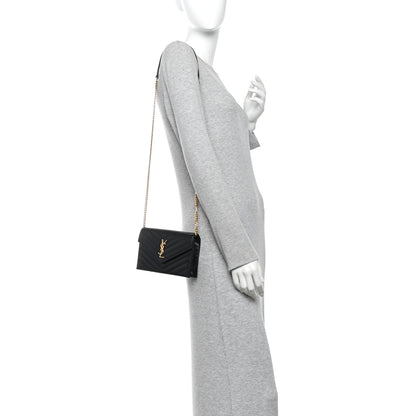 Saint Laurent Grain De Poudre Matelasse Chevron Monogram Envelope Chain Wallet Black 2 of 10