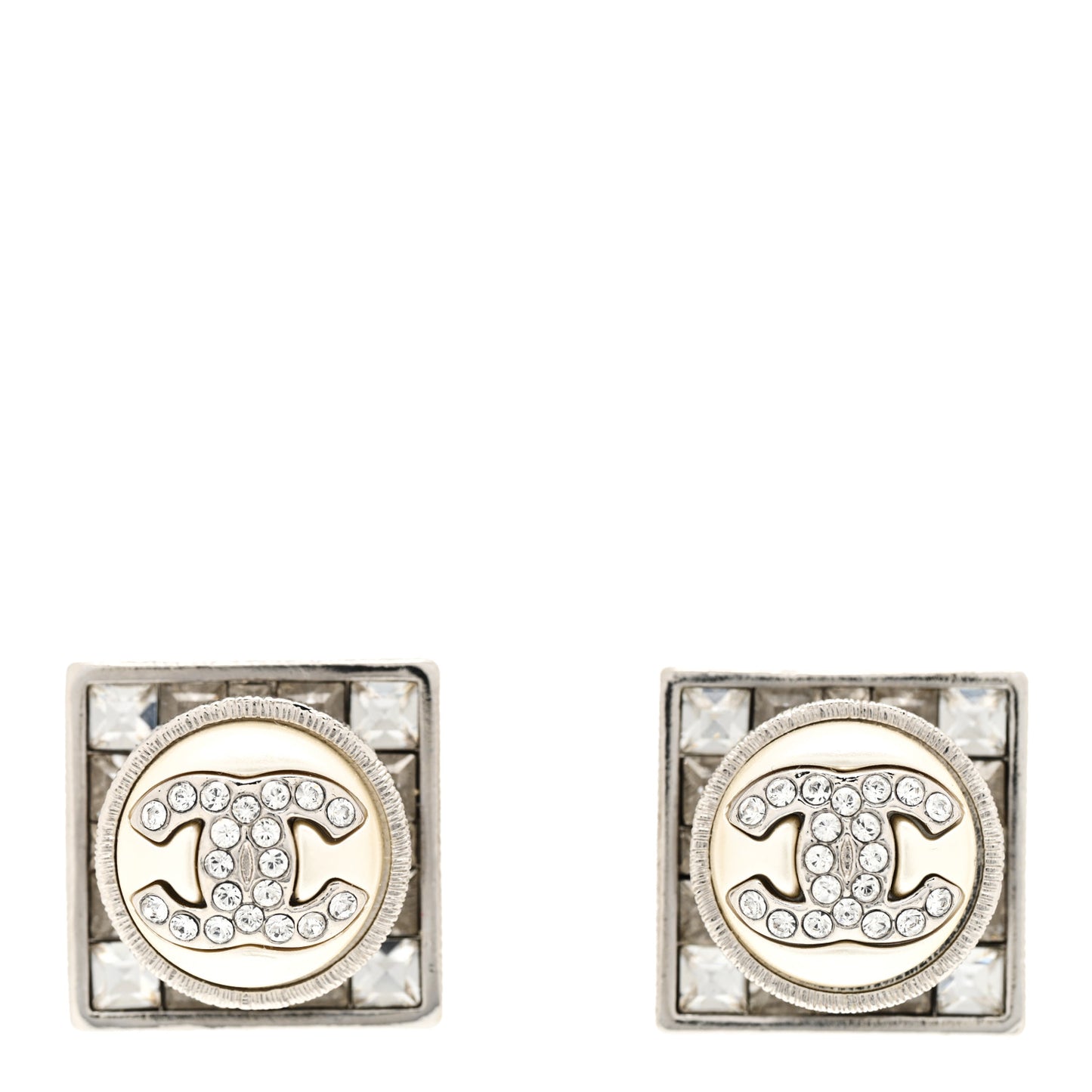 Pearl Baguette Crystal CC Square Earrings Silver White