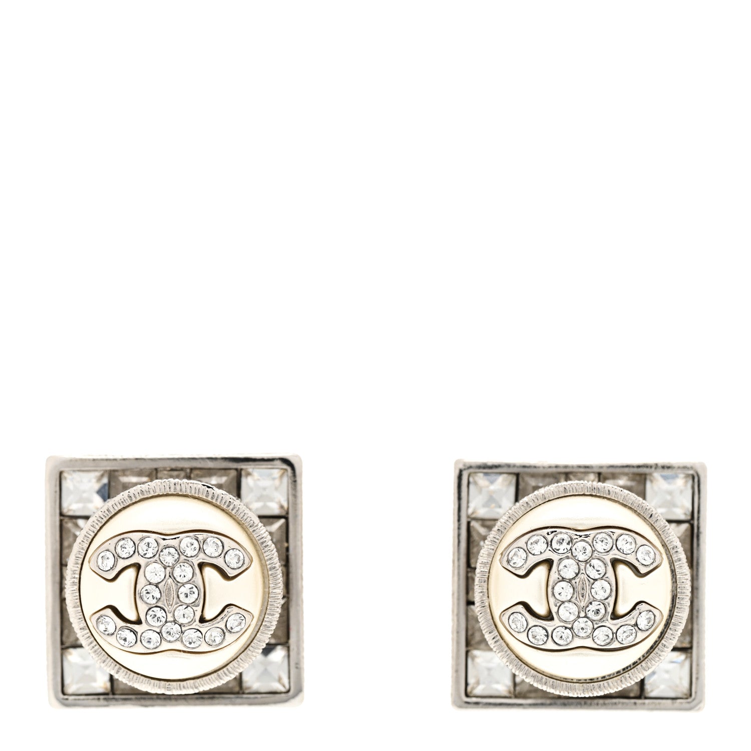Chanel Pearl Baguette Crystal CC Square Earrings Silver White 1 of 5