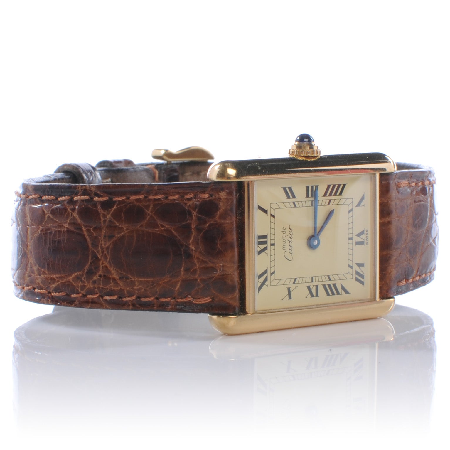 Cartier Sterling Silver Vermeil Alligator 20mm Must de Cartier Tank Quartz Watch Brown 2 of 7