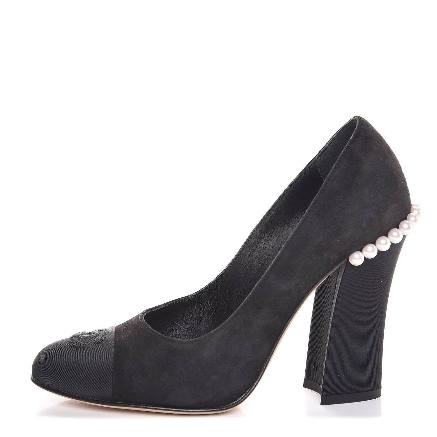 Chanel Suede Grosgrain Pearl CC Cap Toe Pump 36.5 Black 1 of 9