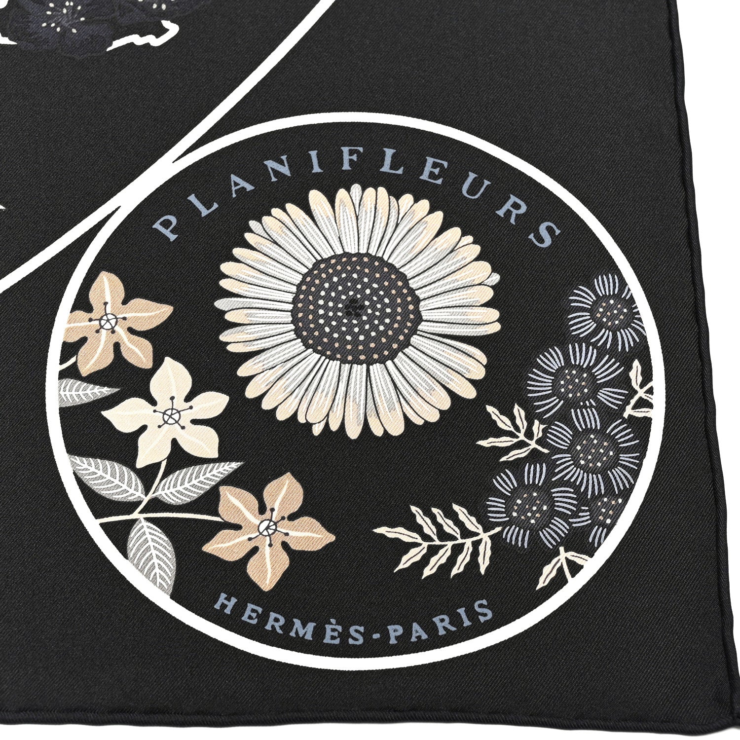 Hermes Silk Planifleurs Scarf 90 Black Gris Parchemin 2 of 4