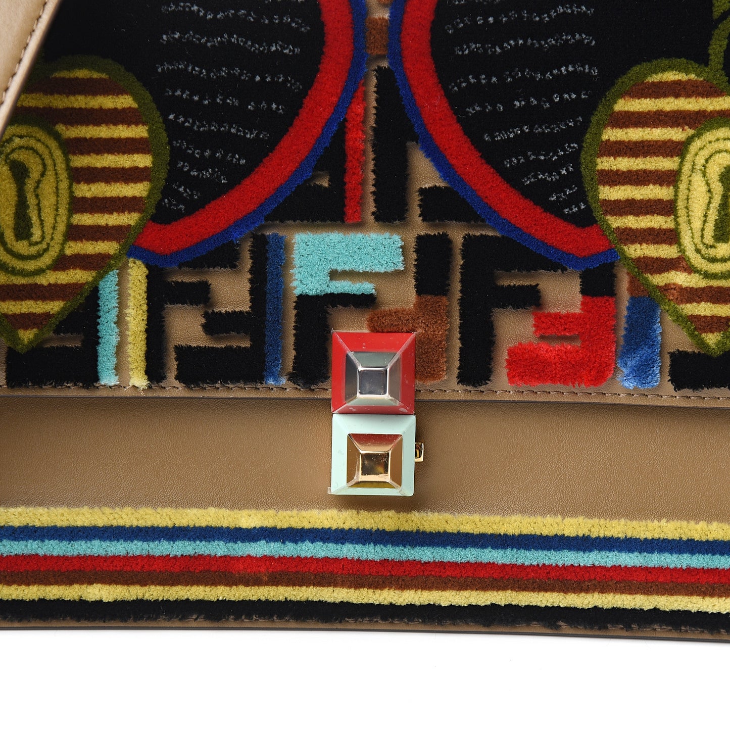 Vitello Liberty Velvet FF 1974 Hearts Padlock Embroidered Kan I Shoulder Bag Fango Multicolor