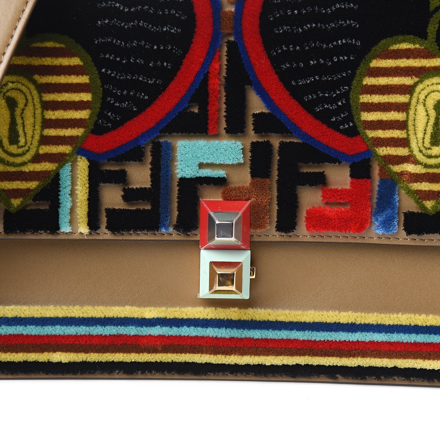 Fendi Vitello Liberty Velvet FF 1974 Hearts Padlock Embroidered Kan I Shoulder Bag Fango Multicolor 9 of 9