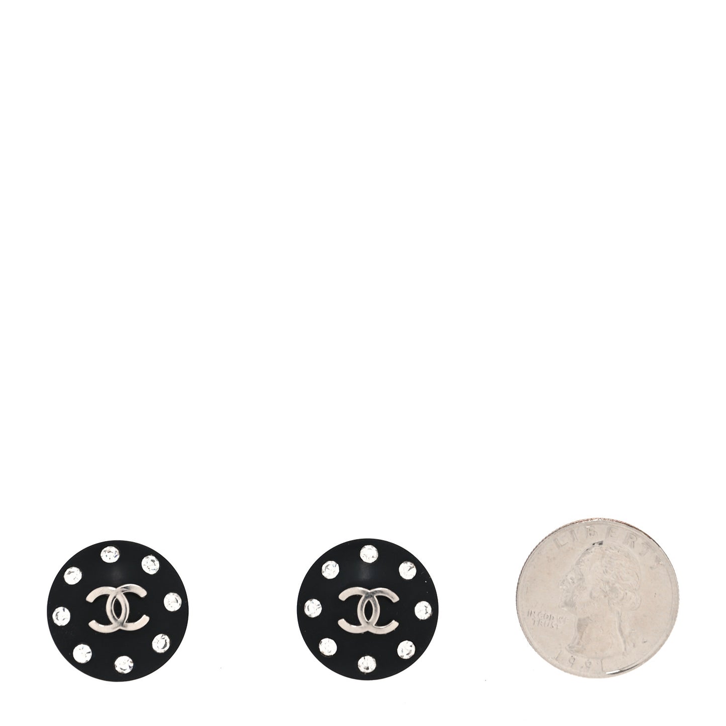 Resin Metal Crystal Studded CC Round Clip On Earrings Black Silver