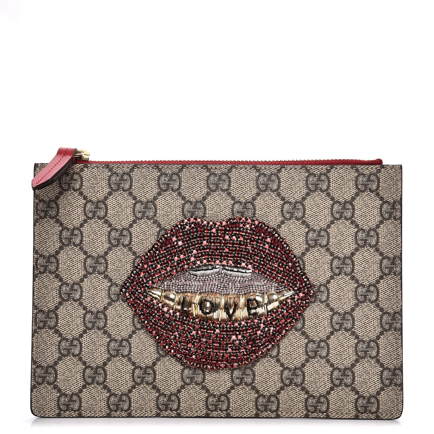 GG Supreme Monogram Merveilles Lips Zip Pouch Hibiscus Red