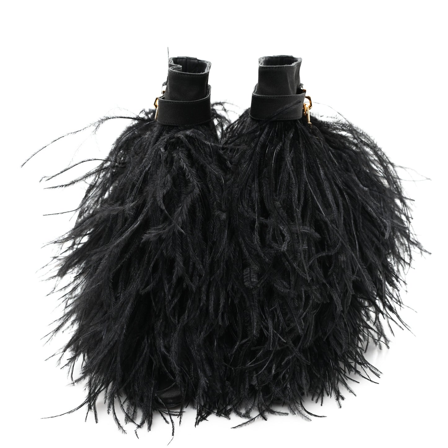 Satin Ostrich Feather Shark Lock Ankle Boots 40 Black