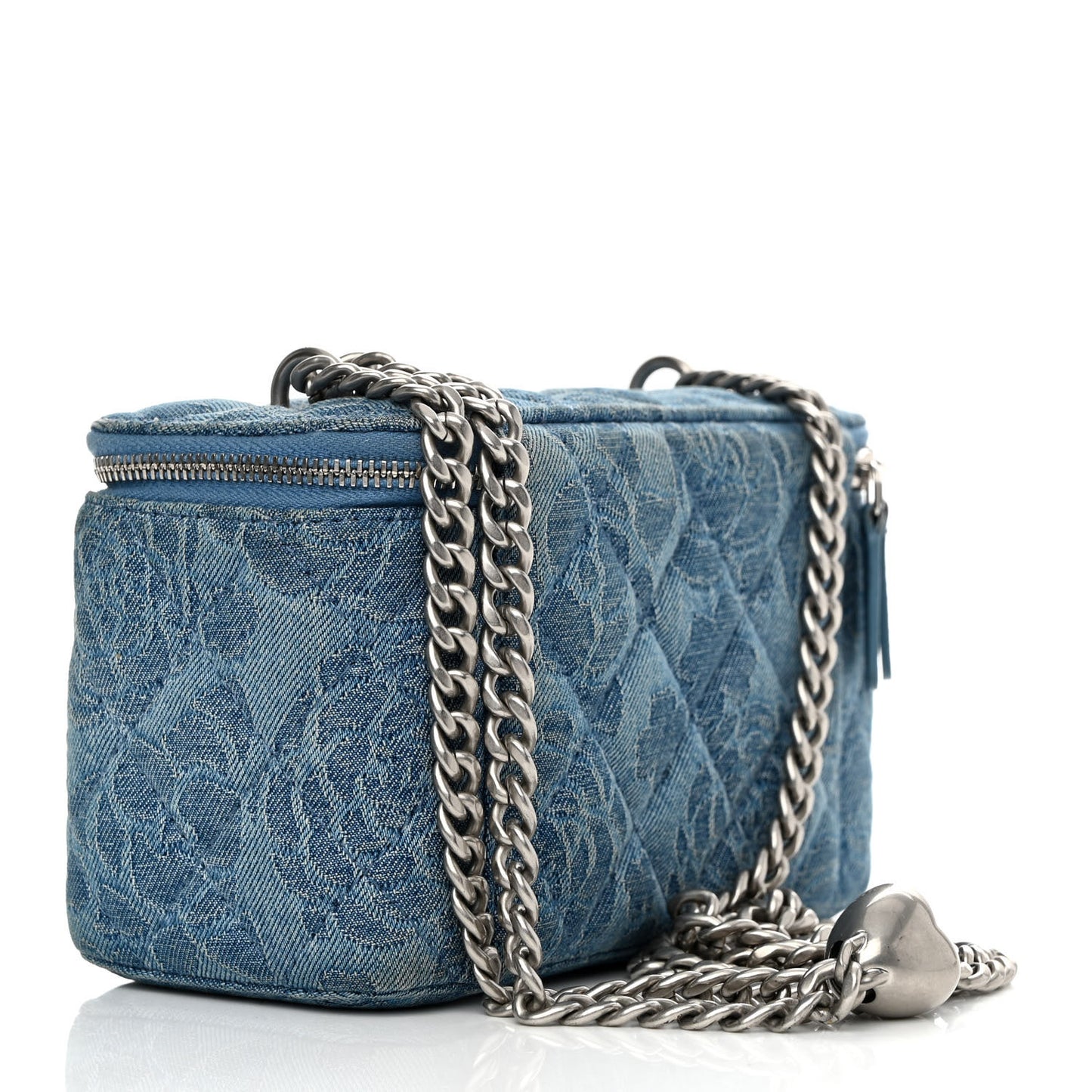 Denim Quilted Sweetheart Small Vanity Case With Chain Blue