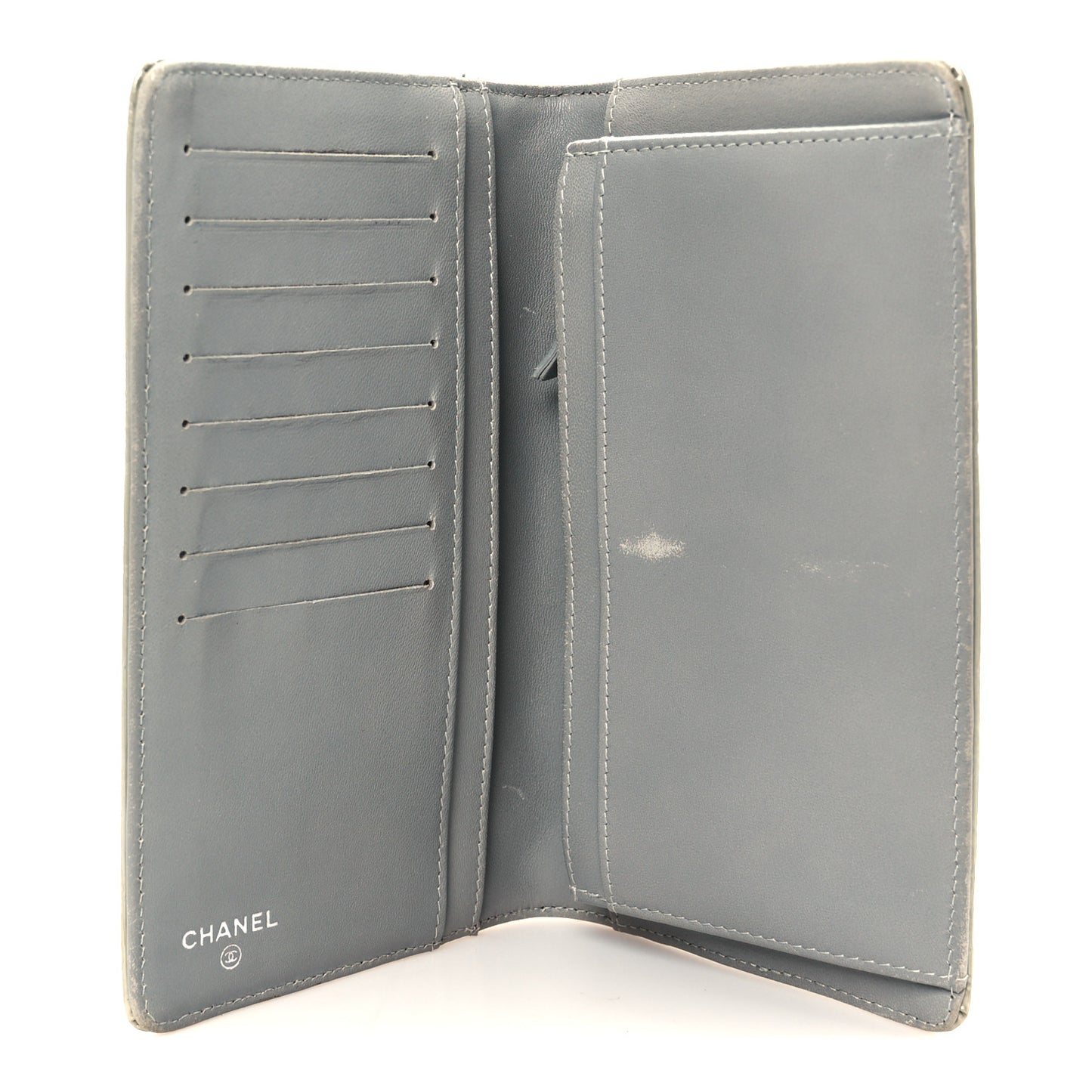 Metallic Patent Calfskin Quilted Lucky Symbols Yen Wallet Silver