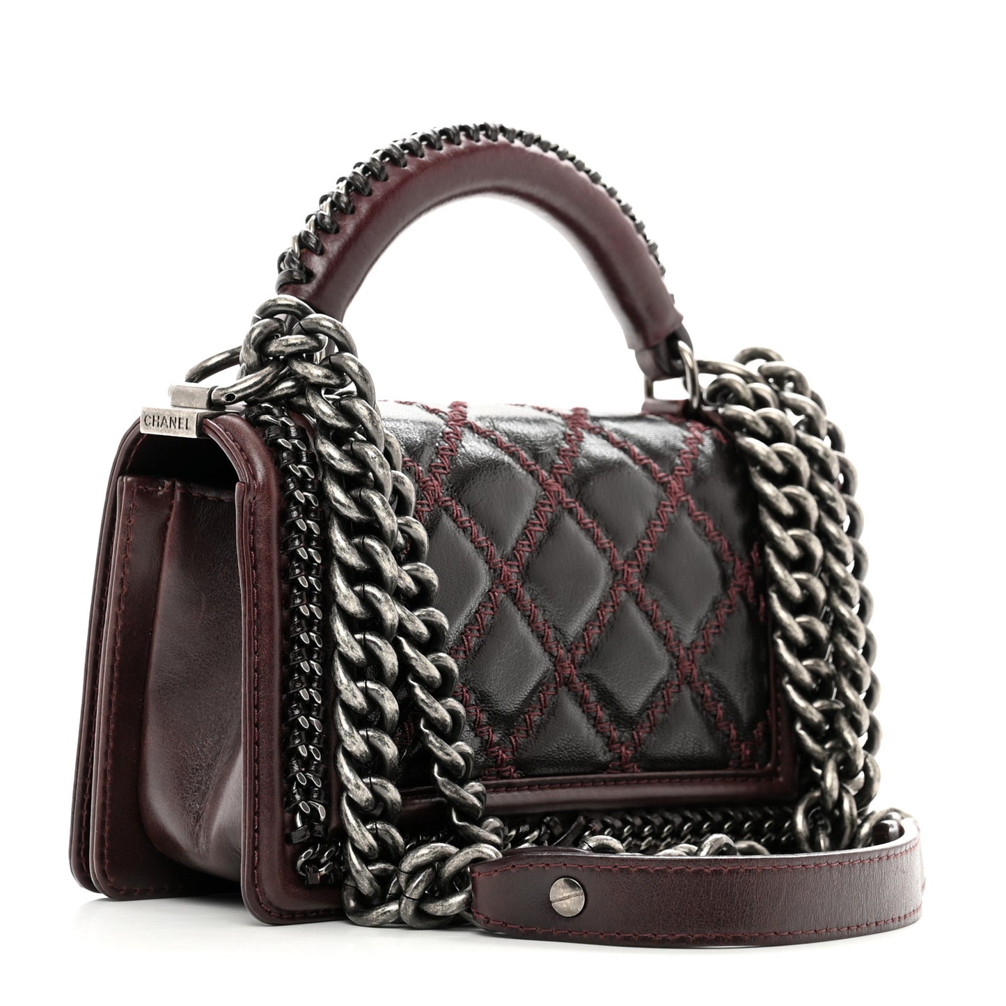 Shiny Goatskin Quilted Small Boy Top Handle Flap Burgundy
