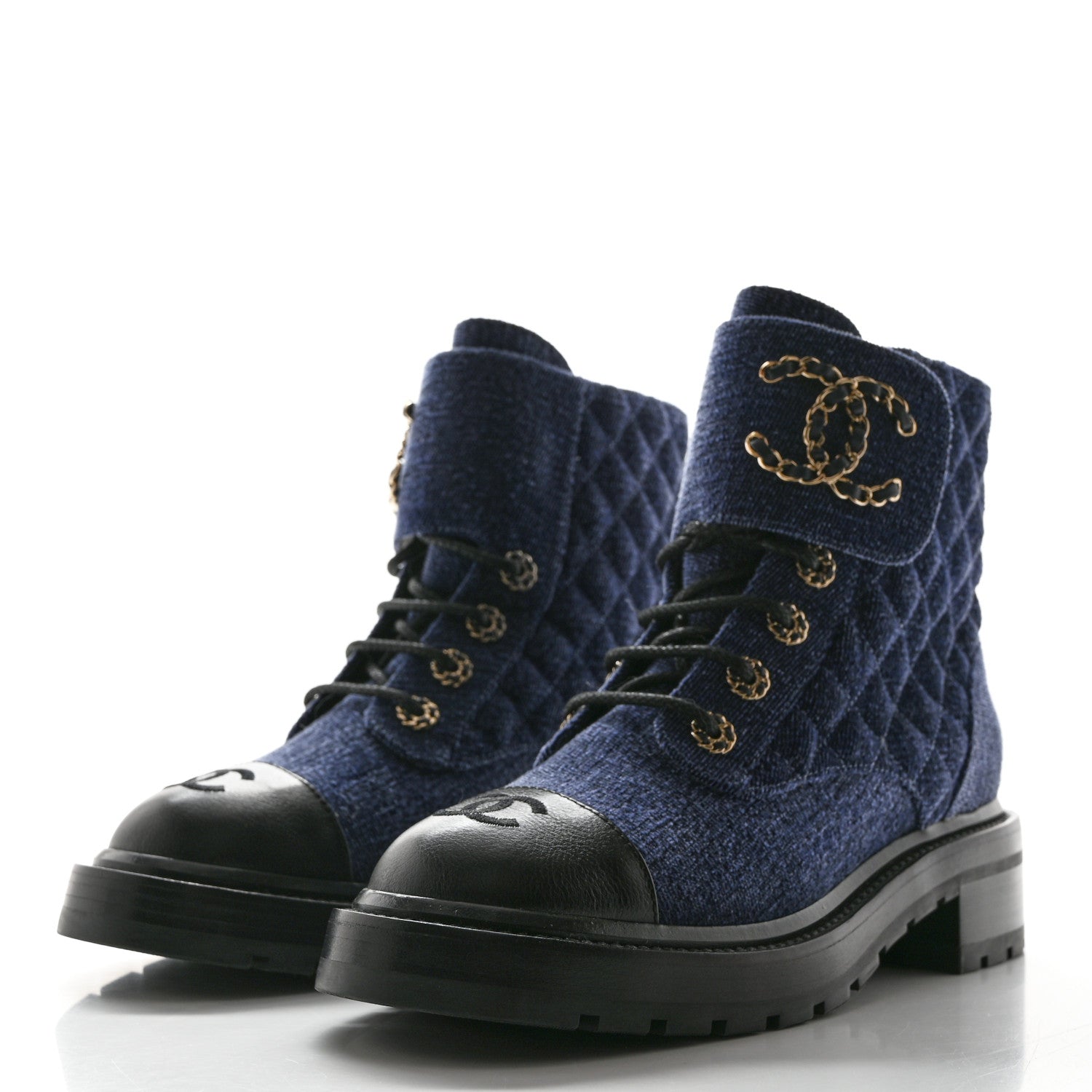 Chanel Denim Calfskin Quilted Lace Up Combat Boots 38.5 Blue 3 of 9