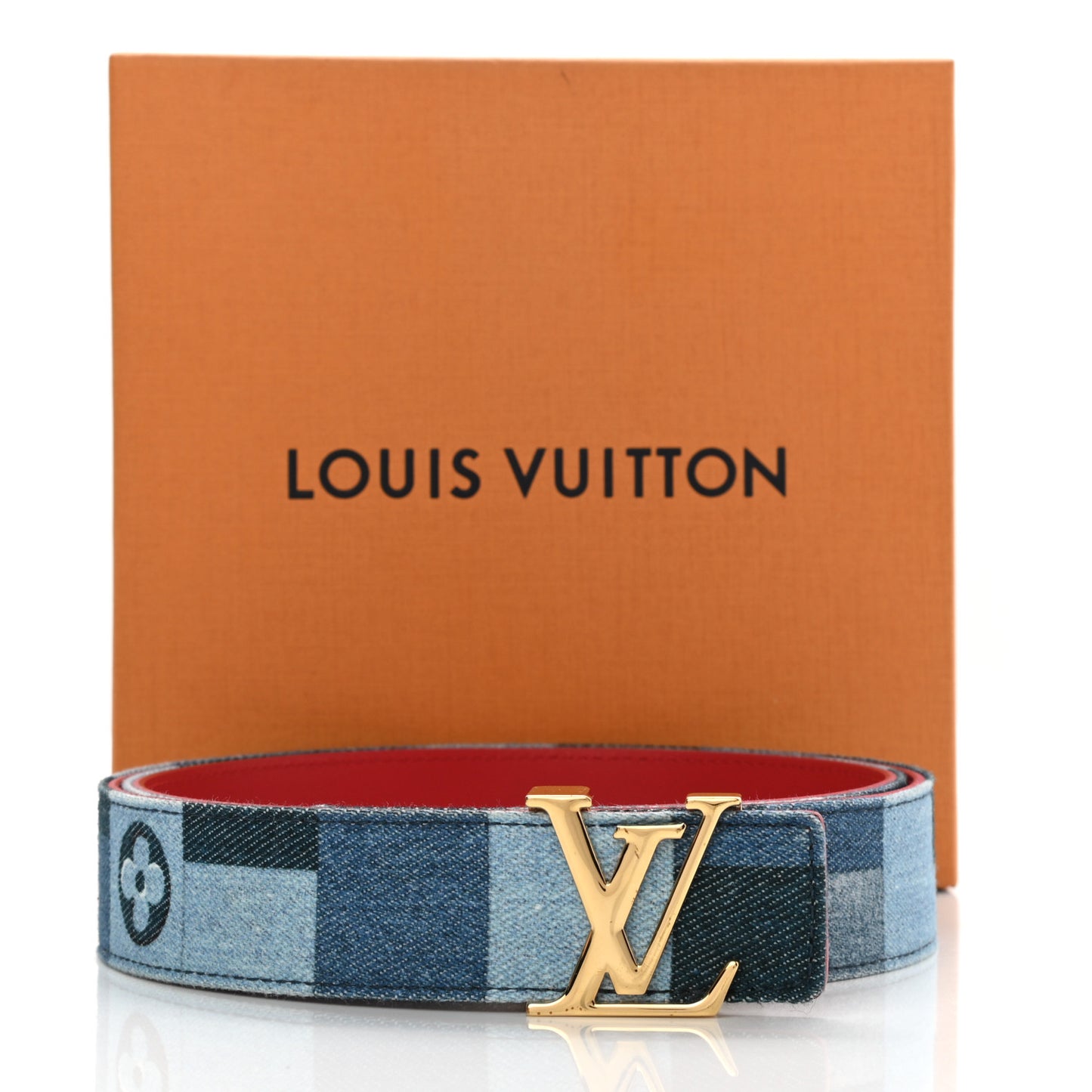Denim Damier Monogram Patchwork 30mm Iconic Reversible Belt 80 32 Blue Rouge