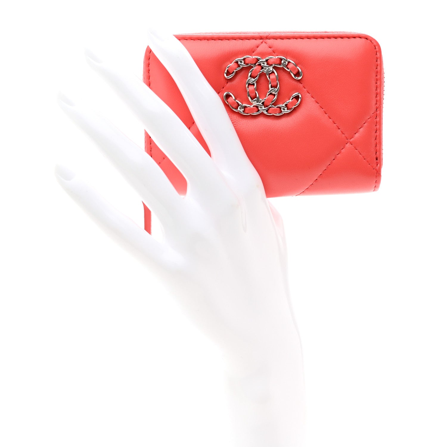 Chanel Lambskin Quilted Chanel 19 Zip Around Coin Purse Wallet Coral 2 of 8