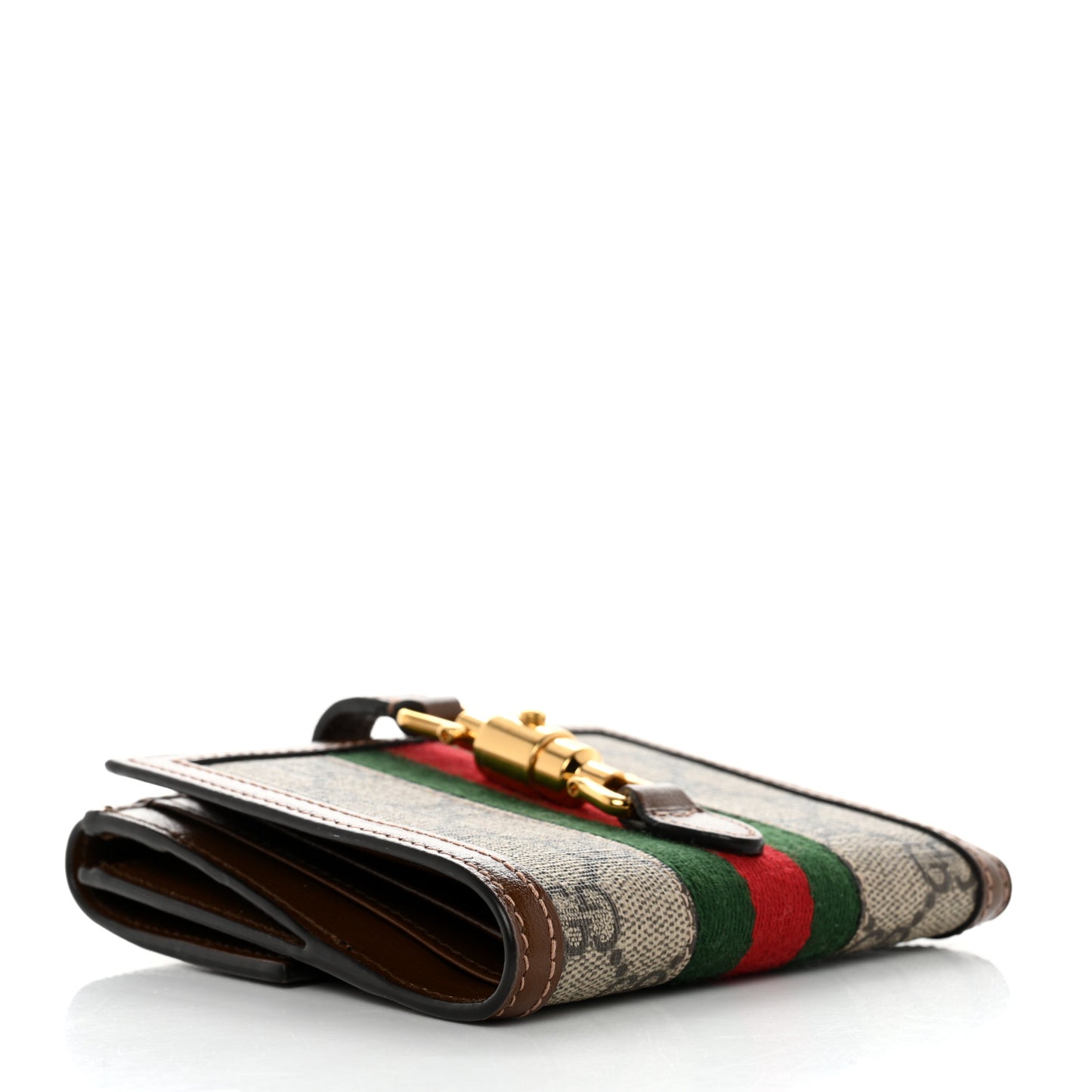 GG Supreme Monogram Textured Calfskin Web Jackie 1961 French Flap Wallet Beige Ebony Brown Sugar