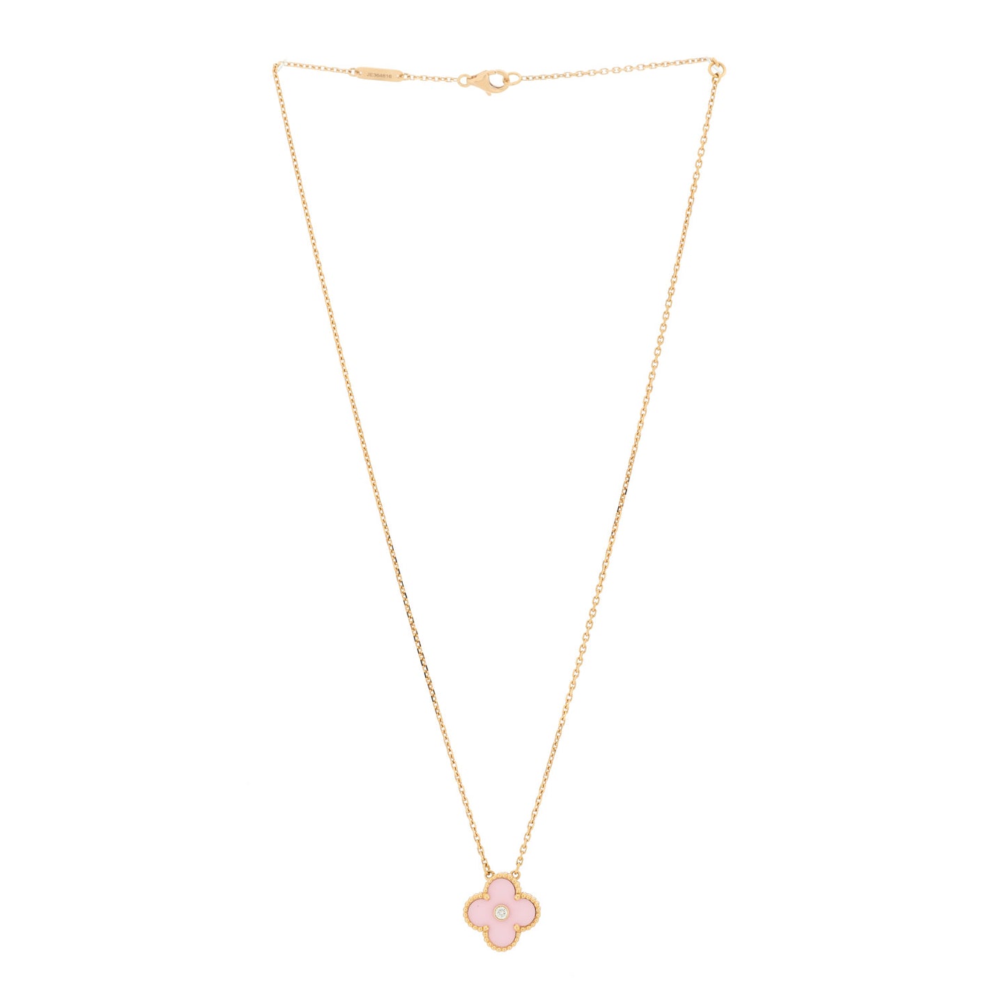 18K Rose Gold Diamond Pink Porcelain Vintage Alhambra Pendant Necklace