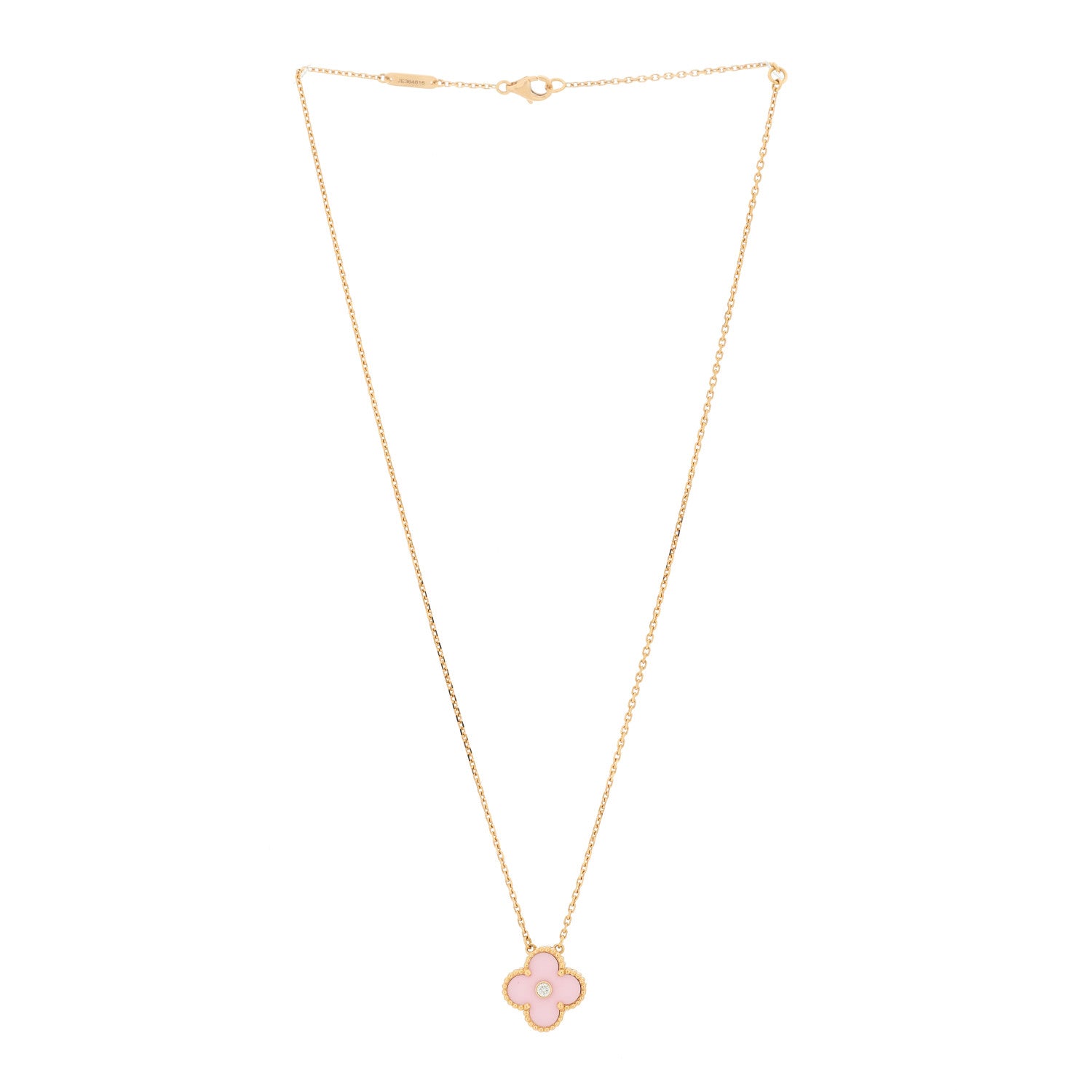 Van Cleef & Arpels 18K Rose Gold Diamond Pink Porcelain Vintage Alhambra Pendant Necklace 3 of 6