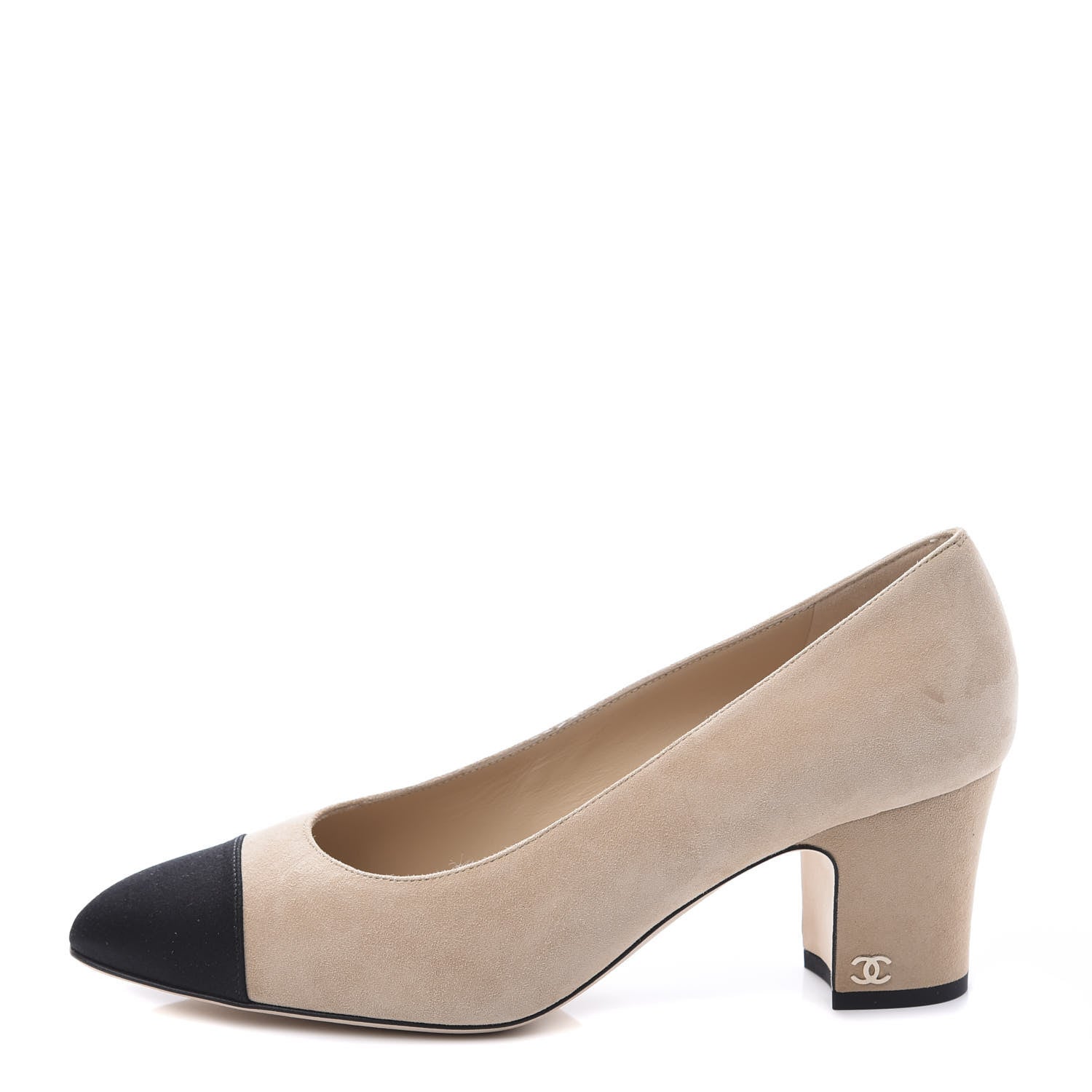 Chanel Suede Satin Cap Toe Low Heel Pumps 39.5 Beige Black 1 of 11