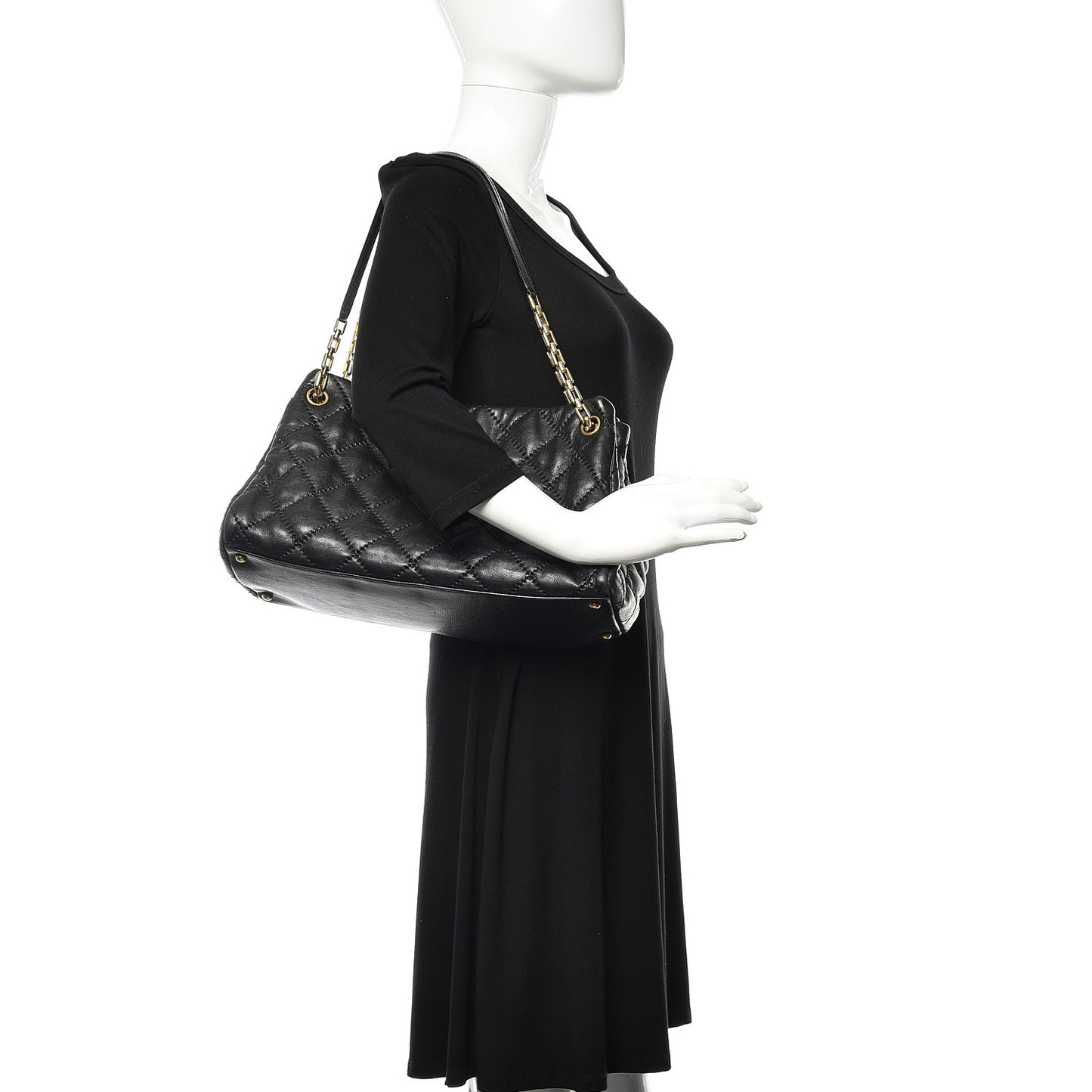 Calfskin Quilted Large Retro Chain Tote Black