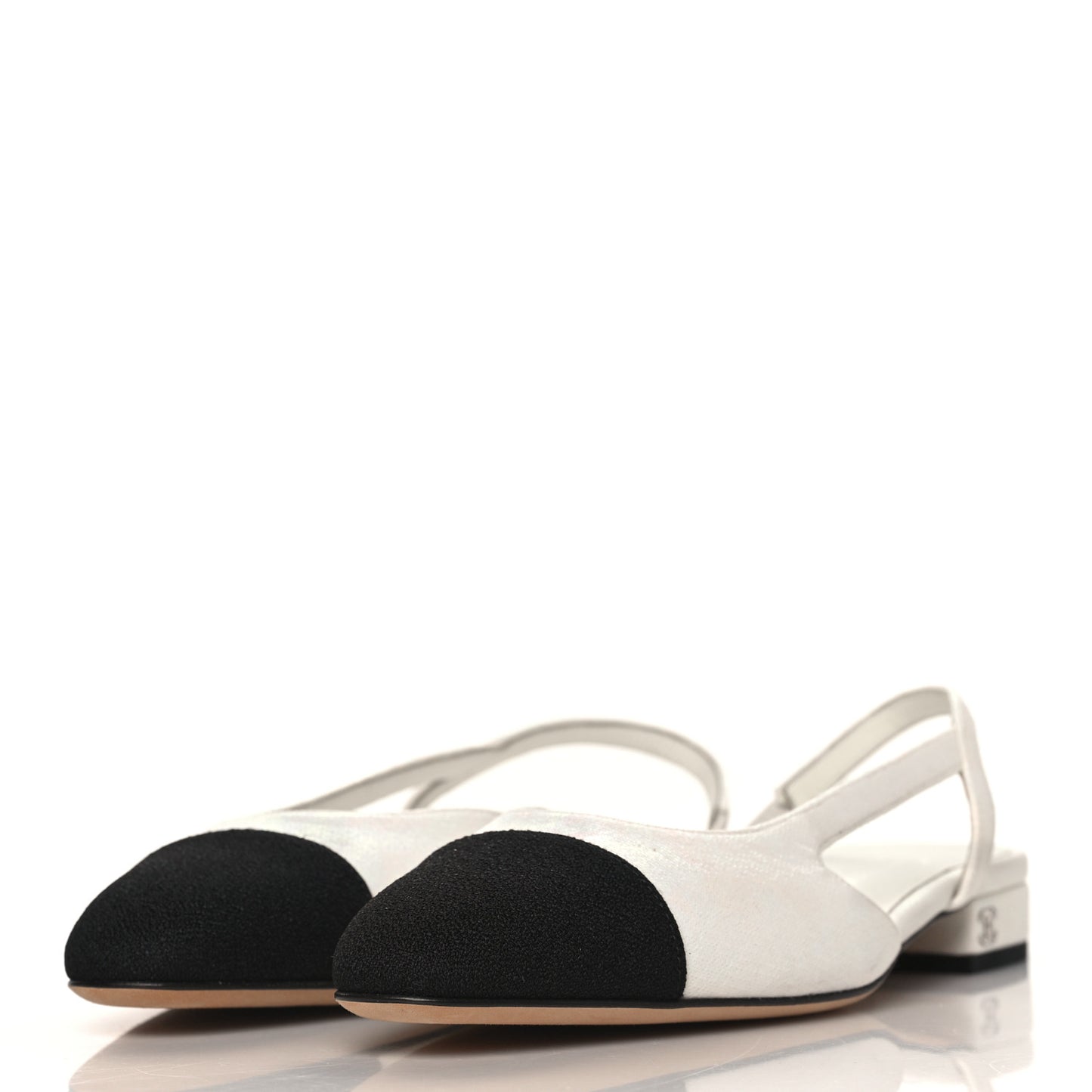 Iridescent Tweed Cap Toe CC Slingback Flats 36 White Black