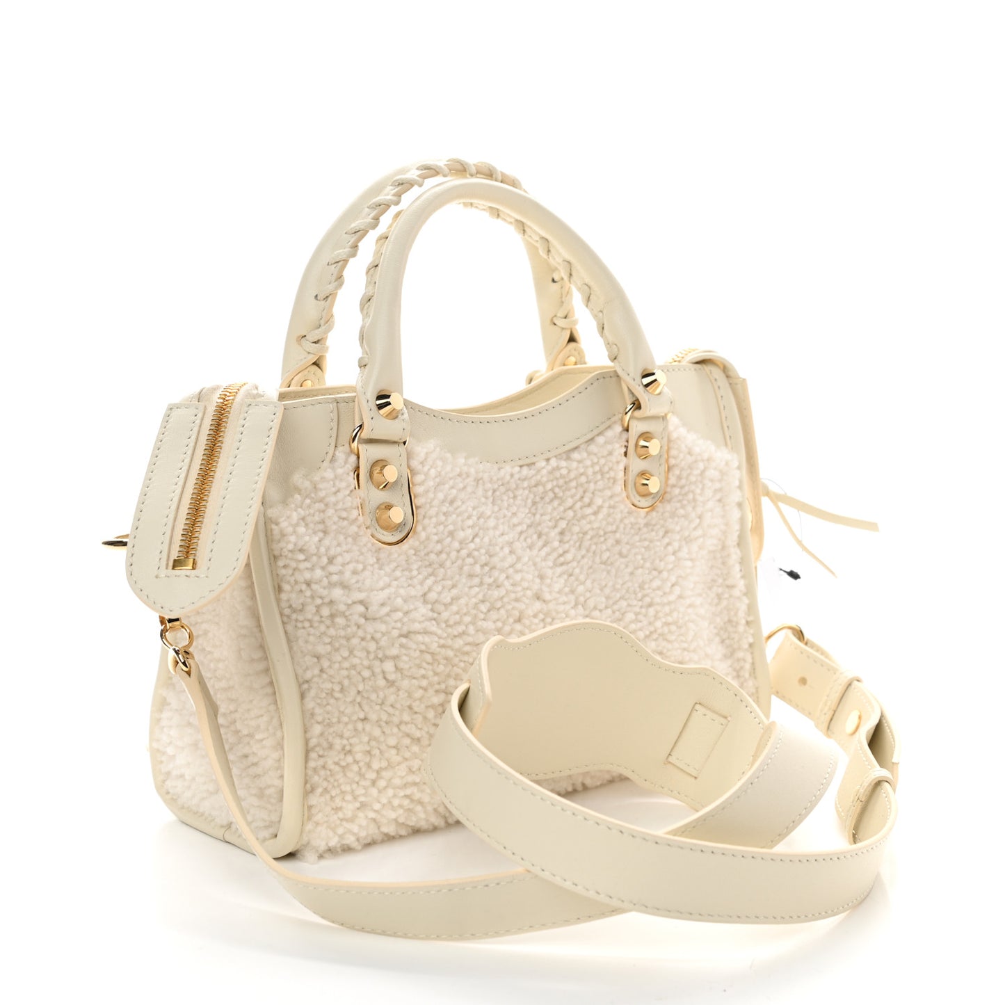 Shearling Nappa Gold Metallic Edge Hardware Mini City Cream