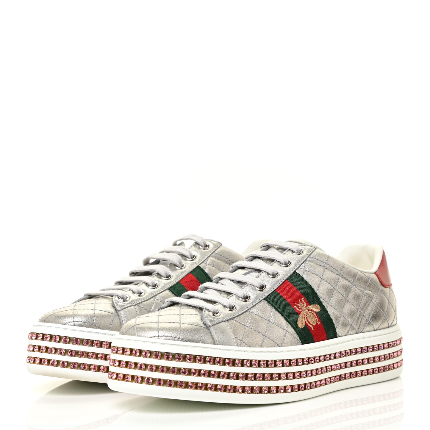 Laminated Nappa Crystal Web Bee Embroidered Trapuntata Womens Ace Platform Sneakers 38.5 Argento
