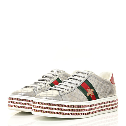 Gucci Laminated Nappa Crystal Web Bee Embroidered Trapuntata Womens Ace Platform Sneakers 38.5 Argento 3 of 16
