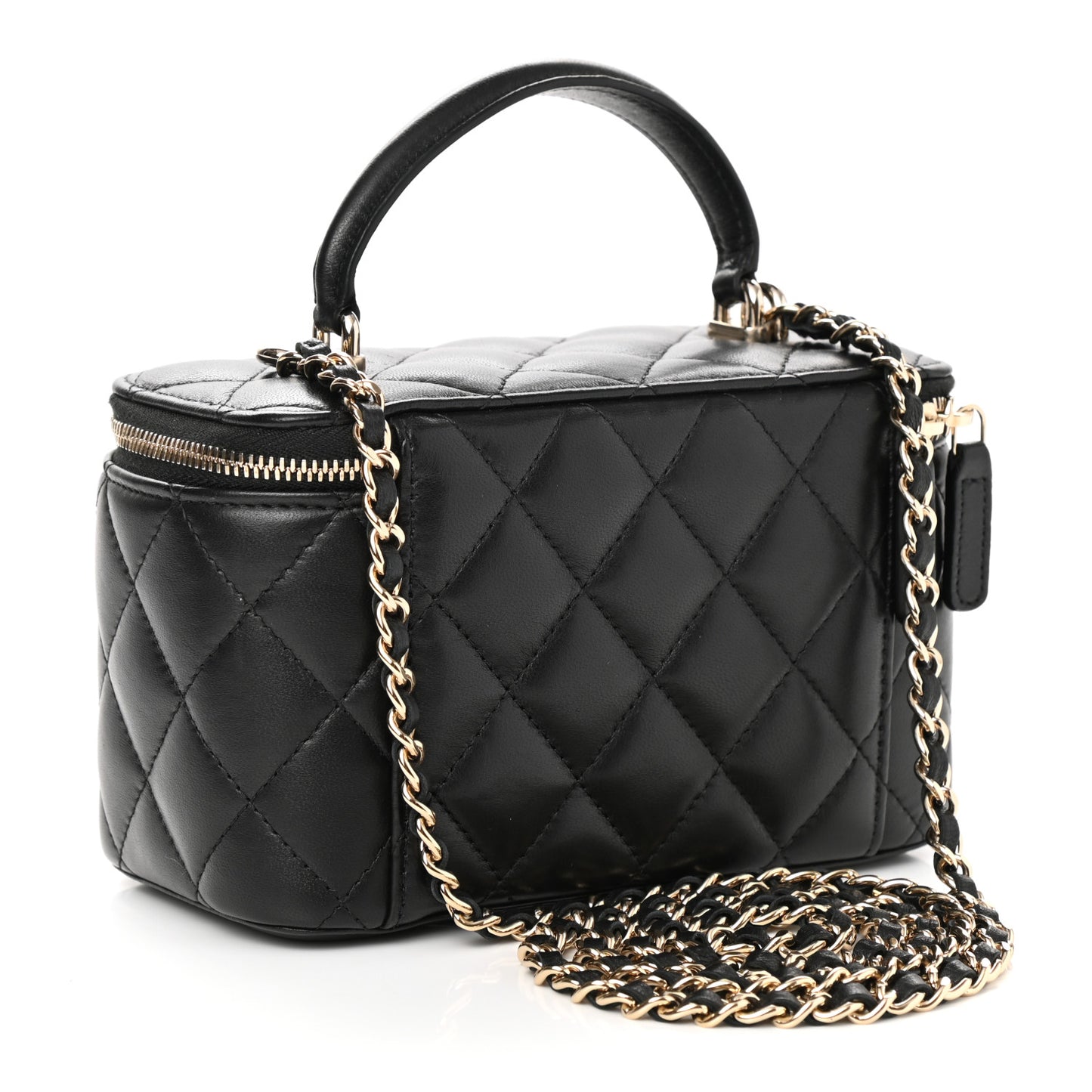 Lambskin Quilted Small Top Handle Vanity Case With Chain Black