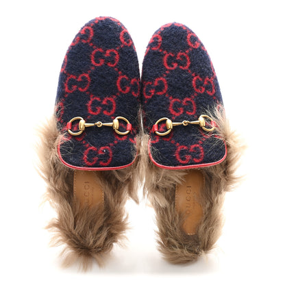 Gucci Covered Wool Big GG Monogram Fur Womens Princetown Slippers 36 Blue Red Butterscotch 2 of 8