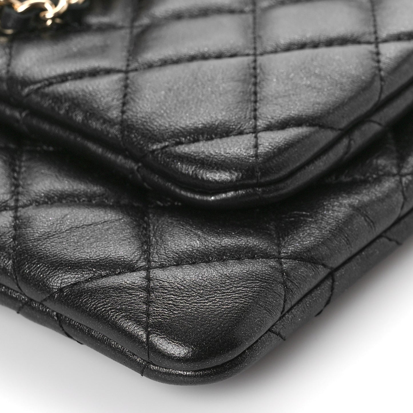 Shiny Lambskin Quilted Medium Double Case With Strap Black
