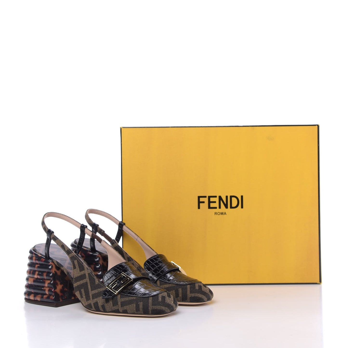 Jacquard Calfskin FF Tortoise Promenade Slingback Loafer Pumps 37.5 Tobacco