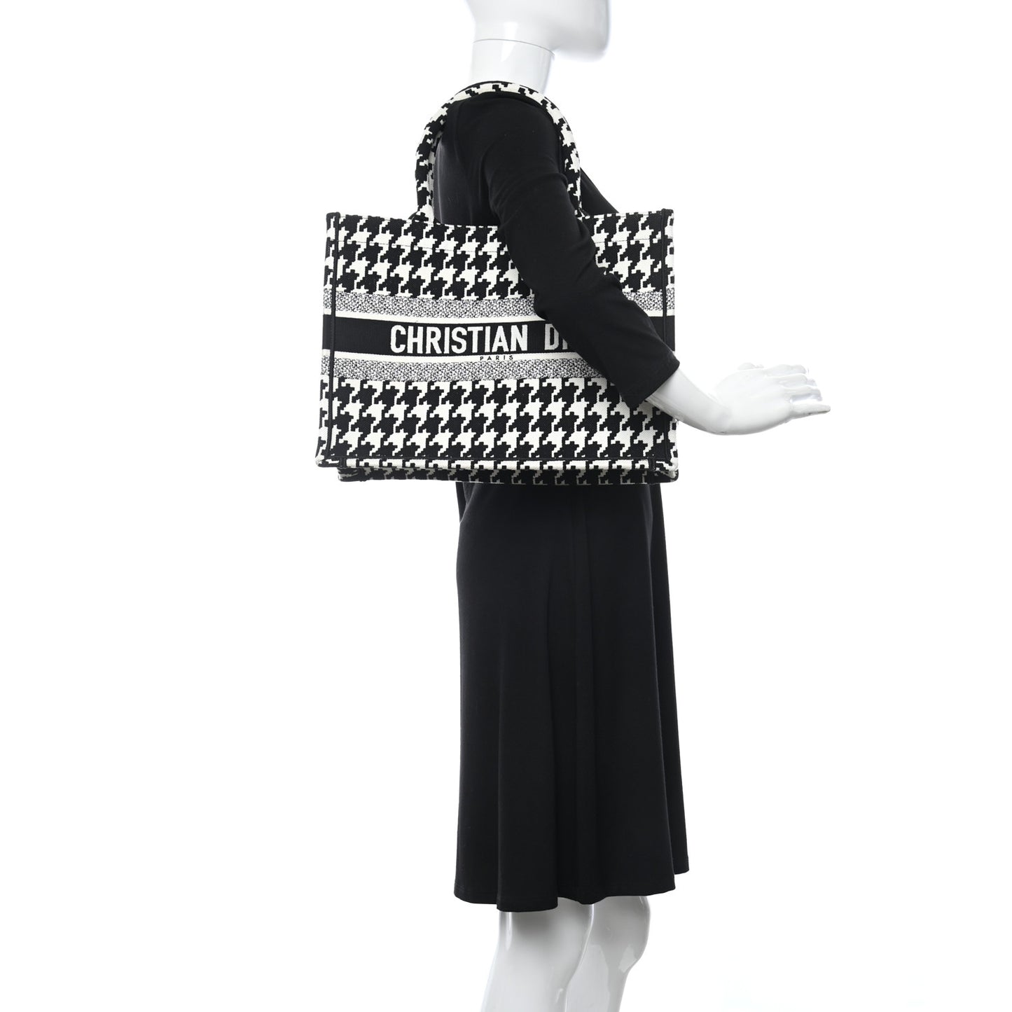 Canvas Macro Houndstooth Embroidered Medium Book Tote Black White
