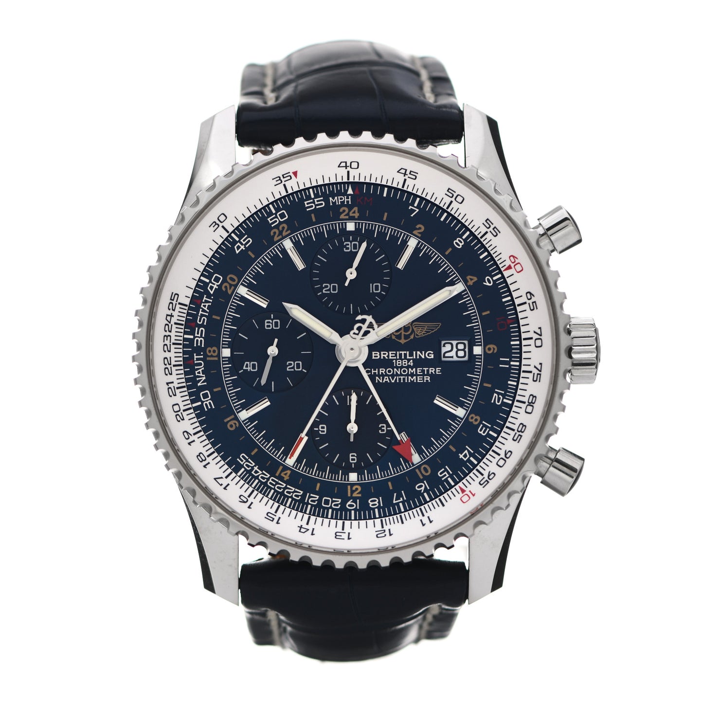 Stainless Steel Alligator 46mm 1884 Chronometre Navitimer Automatic Watch Blue A24322