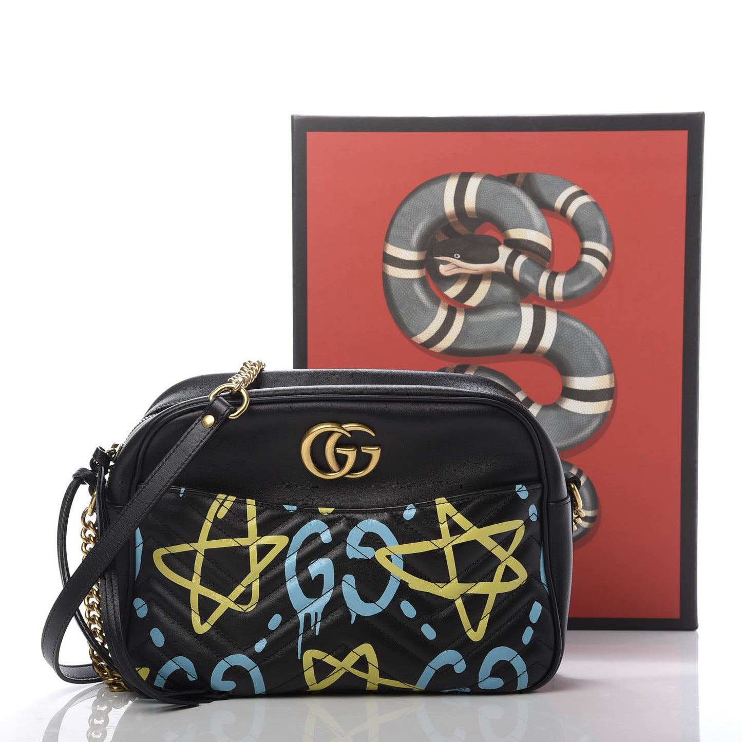 Calfskin Matelasse GucciGhost Medium GG Marmont Chain Shoulder Bag Black New Acquamarine