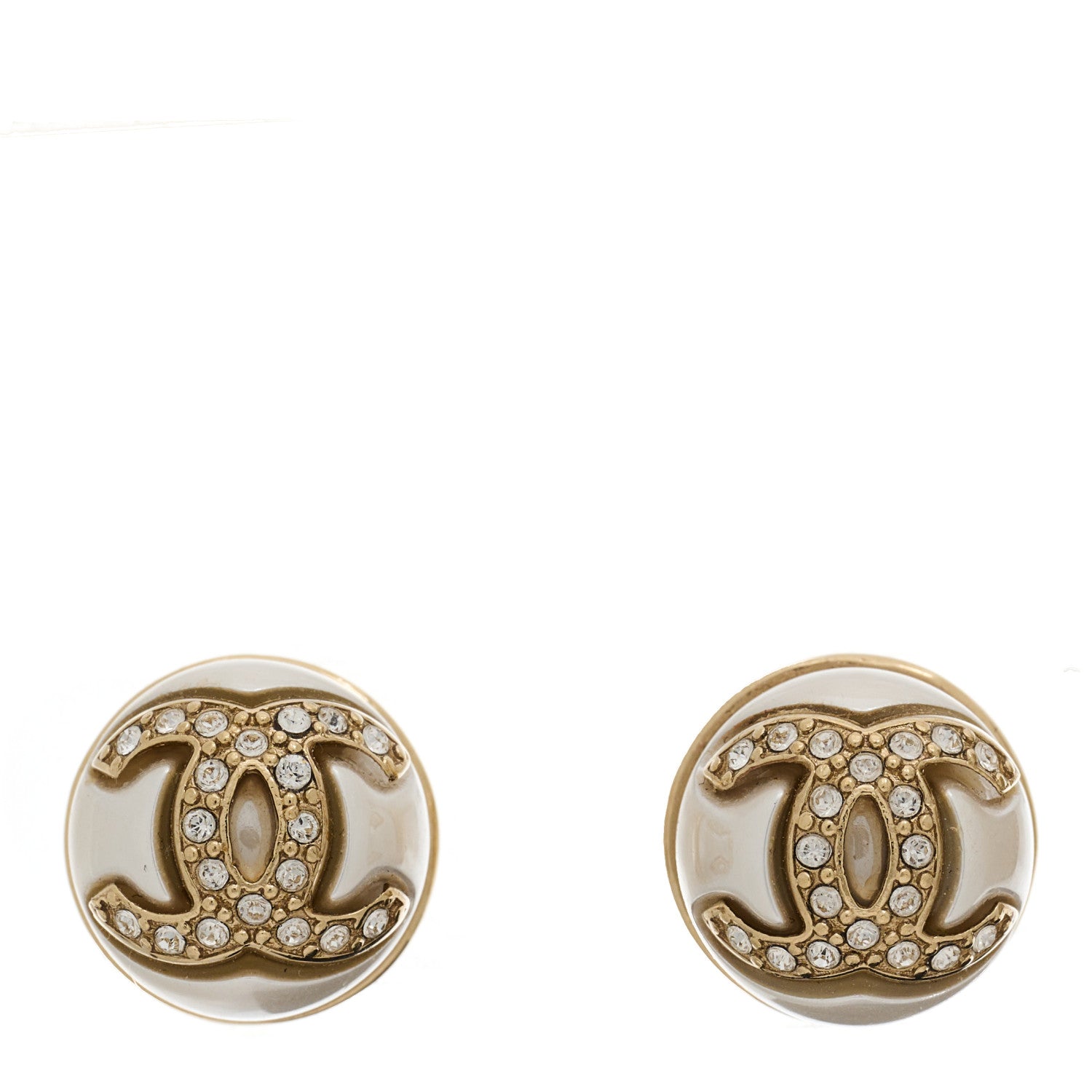 Chanel Pearl Crystal Metal CC Round Earrings Gold 1 of 5