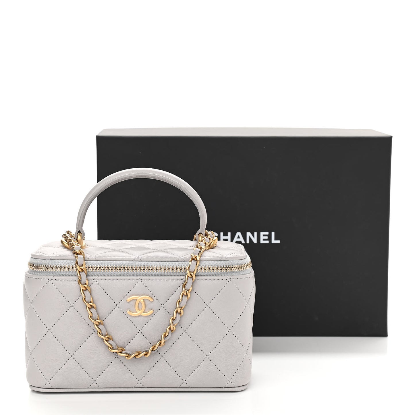 Lambskin Quilted Small Top Handle Vanity Case With Chain Light Grey