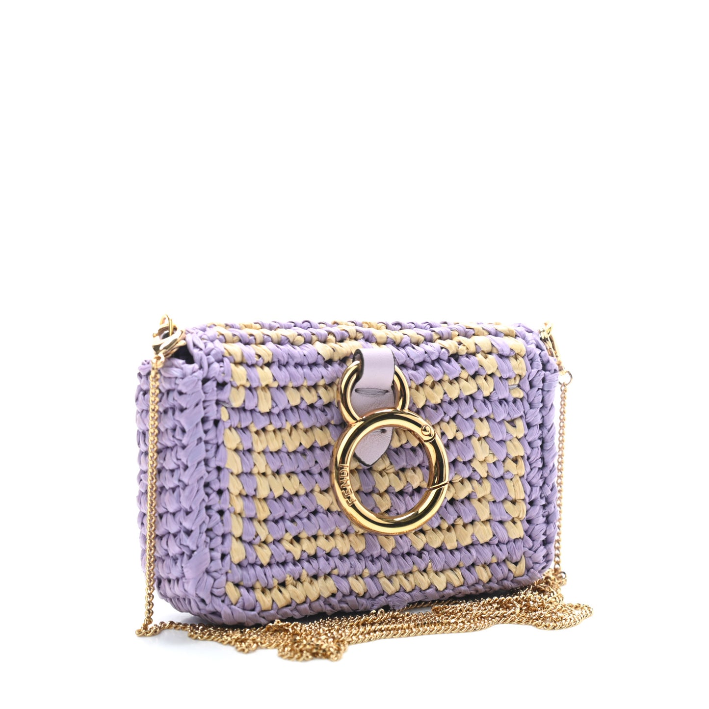 Raffia Vitello Seta FF Woven Nano Baguette Charm Anemone Natural